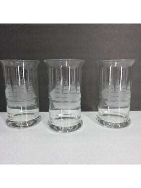 Vintage Etched Sailing Ship Drinking Glass Nautical Tumbler 6” Lot Of 3